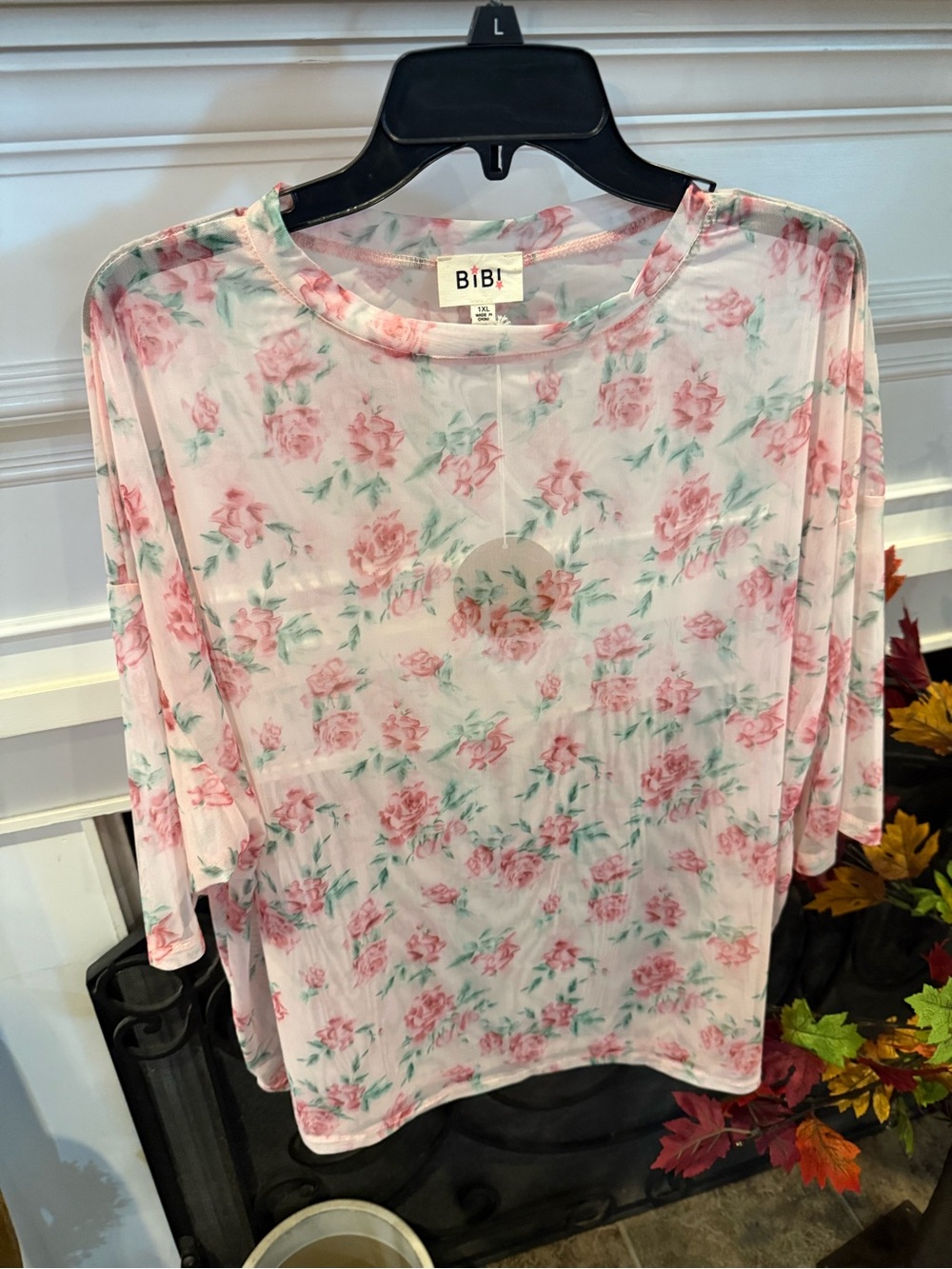 BiBi Pink Floral Short Sleeve mesh Women's Top